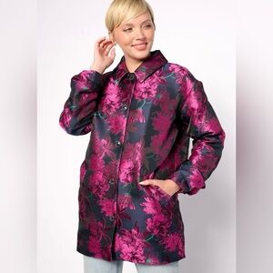 Pink, Emerald & Navy Floral Jacquard Coat | Isaac Mizrahi | 42” Bust | Fur | New